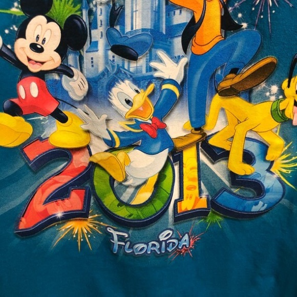 Disney 2013 t-shirt Florida Mickey, Goofy, Donald Duck, Pluto💜souvenir tee Vtg - Picture 5 of 6